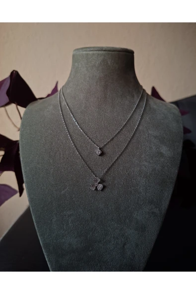 925 Ayar Gümüş Çift Zincir 3 Yaprak Şans Yoncası Model Genç/Yetişkin Kadın Kolyesi - Resim 2