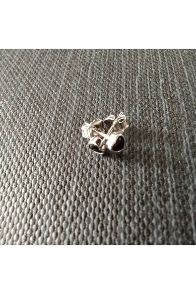 925 Ayar Gümüş Zirkon Taşlı Kalp Model Kadın/Genç/Çocuk Model Küpe- Siyahl Renk / 4mm - Resim 2