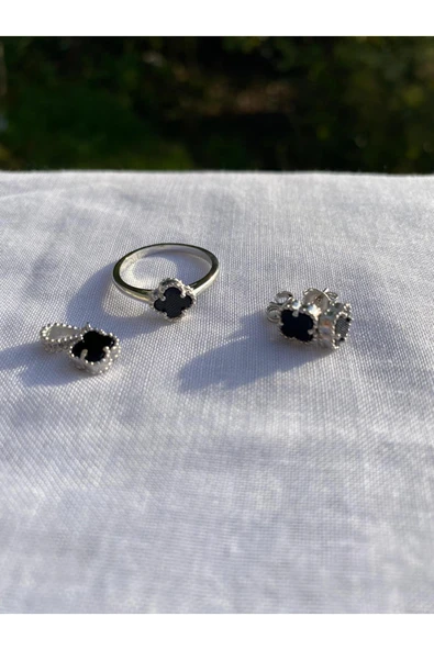 925 Ayar Gümüş Siyah Kadın Kolye, Küpe ve Yüzük Seti (Kolye Ucu Zincirsiz) - Resim 2