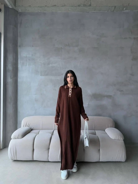 Pantolon yırtmaçlı elbise ikili triko takım kahve elf ürün görseli