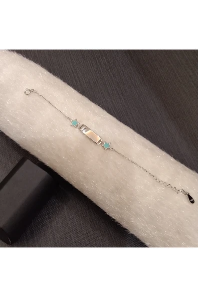 925 Ayar Gümüş İkili Su Yeşili Yıldızlı Model Çocuk Bilekliği İsim yazdırılabilir. 15 cm -1mm - Resim 3