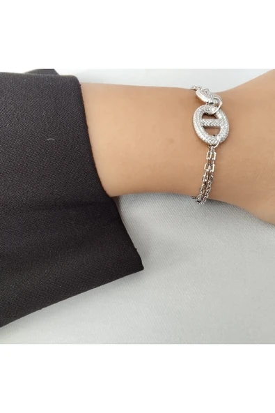 925 Ayar Birbirine Geçmiş Halka Detaylı Kadın Bileklik-Şık Tasarım - Resim 3