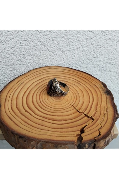 925 Ayar Gümüş Şık Tasarım Bordo Taş Detaylı Erkek Yüzük - Kenarları İşlemeli - Resim 3