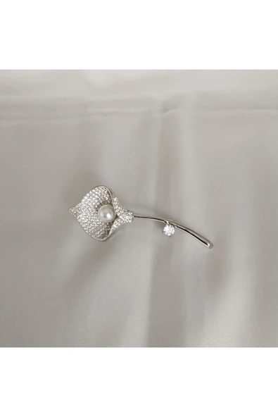 925 Ayar Gümüş Kadın Broş- İncili Lale Detaylı - Resim 3