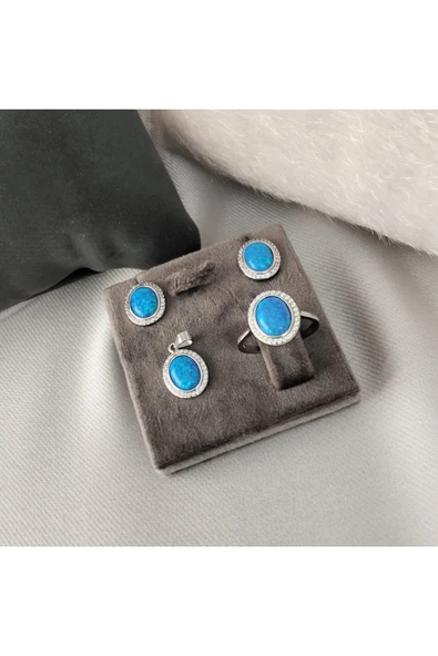 925 Ayar Gümüş Mavi Opal Taşlı Kolye, Küpe ve Yüzük Seti -Şık Tasarım (Zincirsiz) ürün görseli 1