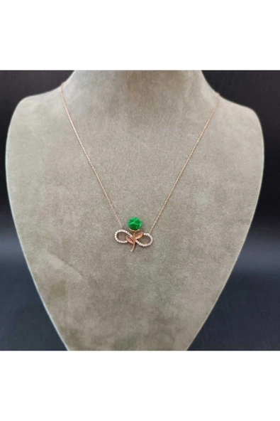 925 ayar gümüş sonsuzluk tema yeşil gül modelli harika tasarım altın kaplama kolye - Resim 2