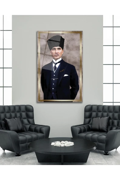 Atatürk Portre Cam Tablo Modern Ev Ofis Salon Hediyelik Büyük Tablo Duvar Dekoru - Resim 3