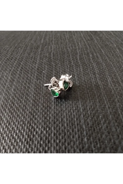 925 Ayar Gümüş Zirkon Taşlı Kalp Model Kadın/Genç/Çocuk Model Küpe- Yeşil Renk / 4mm - Resim 2