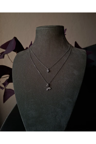 925 Ayar Gümüş Çift Zincirli Kelebeğim Model Genç/Yetişkin Kadın Kolyesi - Resim 3