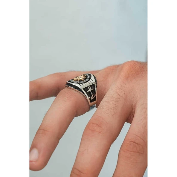 Gümüş Çapa Detaylı Pusula Erkek Yüzük - Resim 5