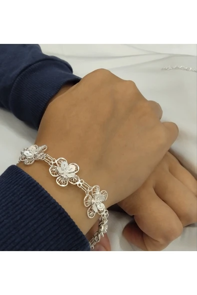 Gümüş Telkari Çiçek Model Bileklik - 925 Ayar-model3 ürün görseli 1
