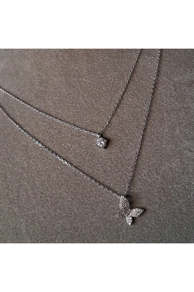 925 Ayar Gümüş Çift Zincirli Kelebeğim Model Genç/Yetişkin Kadın Kolyesi ürün görseli 1