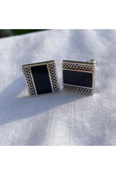 925 Ayar Gümüş Siyah Erkek Kol Düğmesi (Kare)- Şık Tasarım - Resim 2