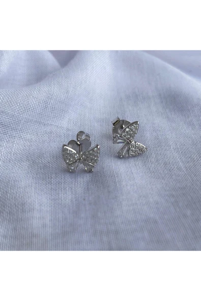 925 Ayar Gümüş Zirkon Taşlı Kurdele Model Çocuk/Genç/Yetişkin Kadın Küpesi -Şık Tasarım - Resim 2