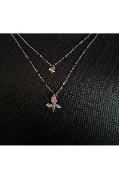 925 Ayar Gümüş İki Kelebek Detaylı Çift Zincir Model Genç/Yetişkin Kadın Kolyesi - Şık Tasarım - Resim 3