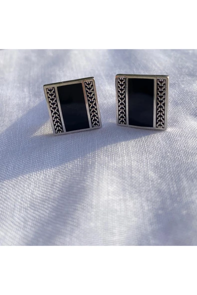 925 Ayar Gümüş Siyah Erkek Kol Düğmesi (Kare)- Şık Tasarım - Resim 3
