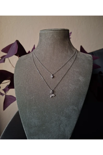 925 Ayar Gümüş Çift Zincirli Kelebeğim Model Genç/Yetişkin Kadın Kolyesi - Resim 2