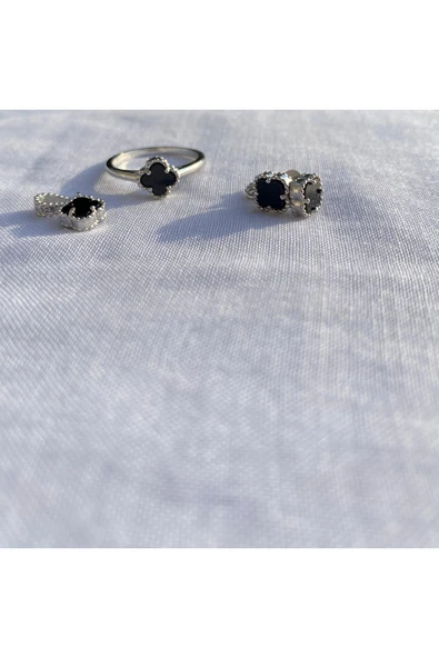 925 Ayar Gümüş Siyah Kadın Kolye, Küpe ve Yüzük Seti (Kolye Ucu Zincirsiz) - Resim 3