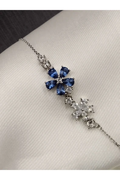 925 Ayar Gümüş Mavi Çiçek Detaylı Model Kadın Bileklik-Şık Tasarım ürün görseli 1