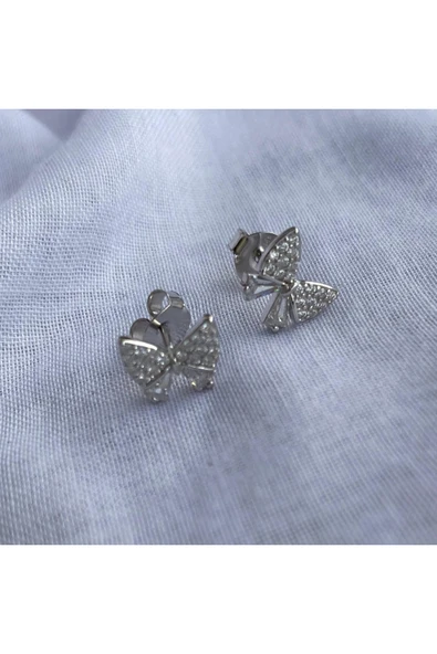 925 Ayar Gümüş Zirkon Taşlı Kurdele Model Çocuk/Genç/Yetişkin Kadın Küpesi -Şık Tasarım ürün görseli 1