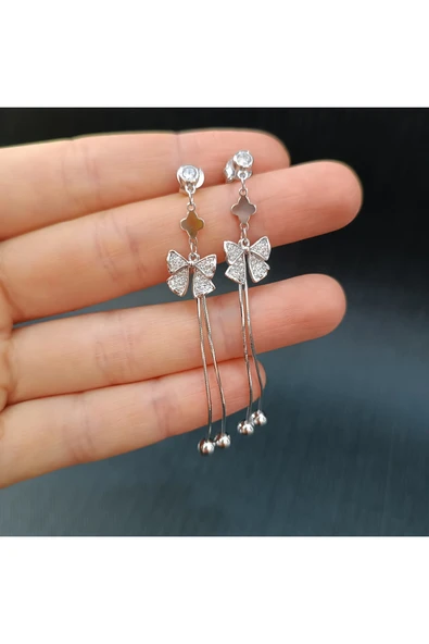 925 Ayar Sallanır Tasarımlı Kurdele Model Kadın Gümüş Küpe -Sade ve Şık ürün görseli 1