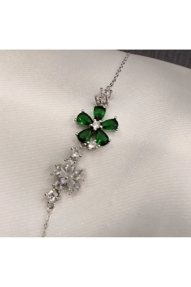 925 Ayar Gümüş Yeşil Çiçek Detaylı Model Kadın Bileklik-Şık Tasarım ürün görseli 1