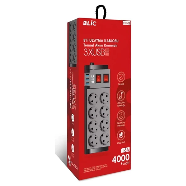 Ftr-08 Isıya Karşı Dayanıklı, 8 x Priz - 3 x USB - 2 Metre Kablo Uzunluğu Termal Akım Korumalı 8'li Grup Priz - Resim 2