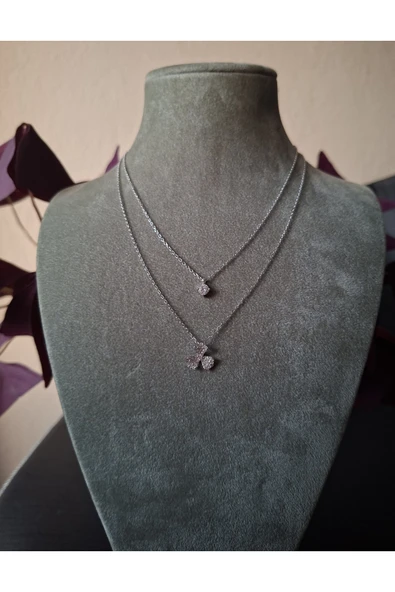 925 Ayar Gümüş Çift Zincir 3 Yaprak Şans Yoncası Model Genç/Yetişkin Kadın Kolyesi - Resim 3