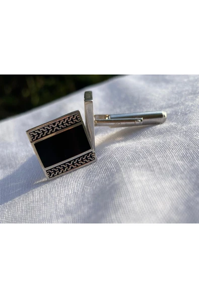 925 Ayar Gümüş Siyah Erkek Kol Düğmesi (Kare)- Şık Tasarım ürün görseli 1