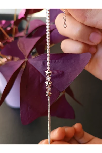 925 Ayar Gümüş Yıldız Detaylı Genç/Yetişkin Kadın Bilekliği - Şık Tasarım ürün görseli 1