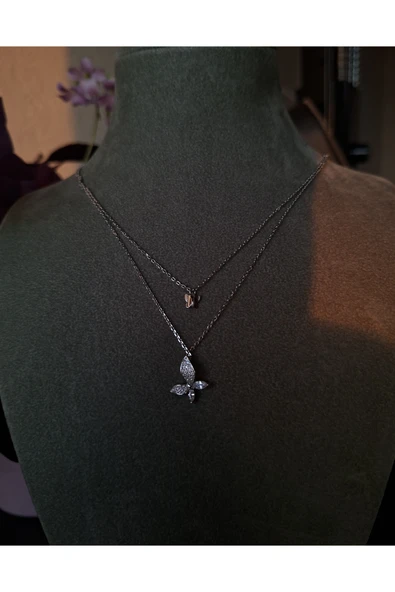 925 Ayar Gümüş İki Kelebek Detaylı Çift Zincir Model Genç/Yetişkin Kadın Kolyesi - Şık Tasarım - Resim 2