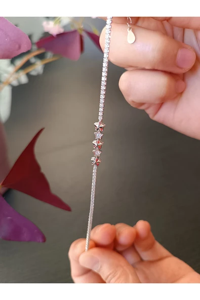 925 Ayar Gümüş Yıldız Detaylı Genç/Yetişkin Kadın Bilekliği - Şık Tasarım - Resim 3