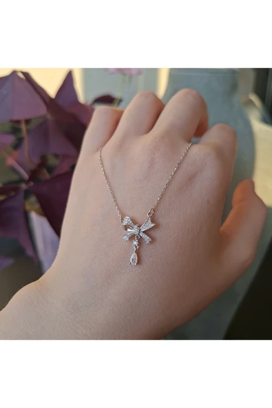 925 Ayar Gümüş Zirkon Taşlı Kurdele Model Genç/Yetişkin Kadın Kolyesi - Şık Tasarım - Resim 3