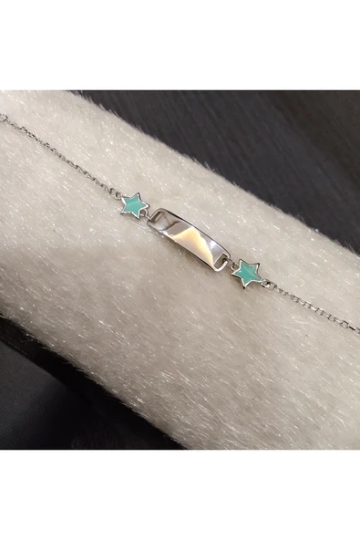 925 Ayar Gümüş İkili Su Yeşili Yıldızlı Model Çocuk Bilekliği İsim yazdırılabilir. 15 cm -1mm - Resim 2