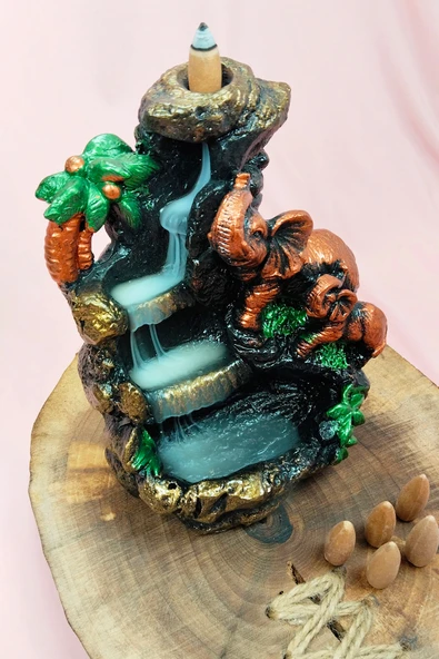 Buyuk Boy Fil Figürlü Biblo Model Geri Akış Şelale Tütsülük 5 Adet Koni Hediye - Resim 4