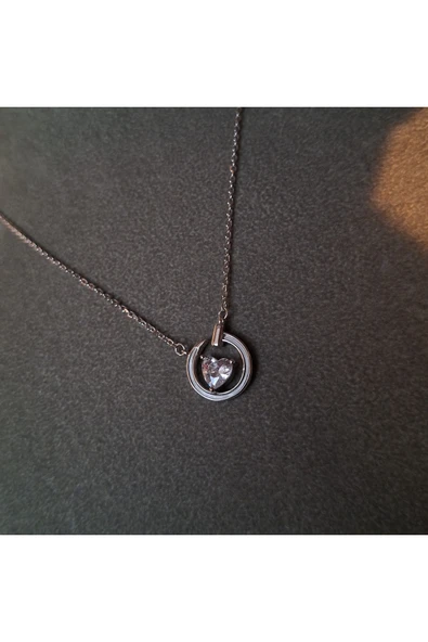 925 Ayar Gümüş Kalpli Zirkon Taş Model Genç/Yetişkin Kadın Kolyesi ürün görseli 1