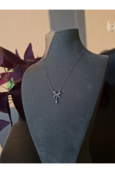 925 Ayar Gümüş Zirkon Taşlı Kurdele Model Genç/Yetişkin Kadın Kolyesi - Şık Tasarım - Resim 2