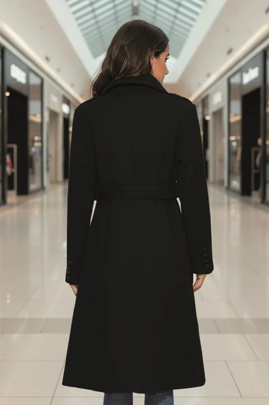 Aksesuarlı Kaşe Kaban Kemer Detaylı - Resim 3