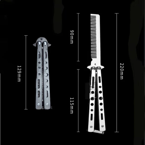 Gri Katlanabilir Paslanmaz Çelik Kelebek Bıçak Tarak Sakal Bıyık Fırçası Profesyonel Saç Kesimi İçin Tarak - Resim 4