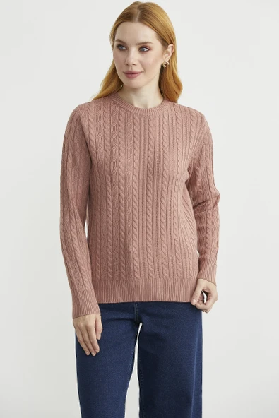 Sıfır Yaka Motif Detaylı Triko Kazak - Gül - Resim 2