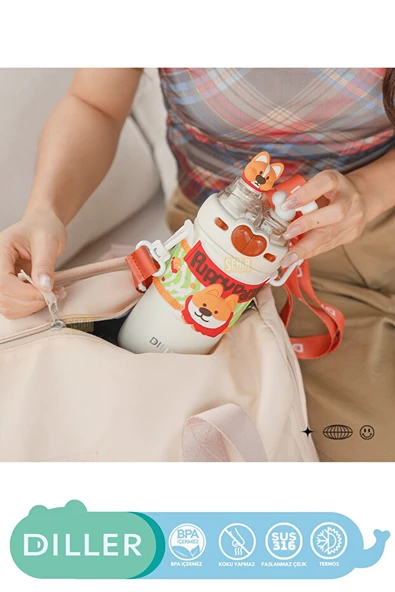 Vagonlife Diller D9239 520ml Çift Kullanım Askılı Pipetli Çelik Matara - Resim 3