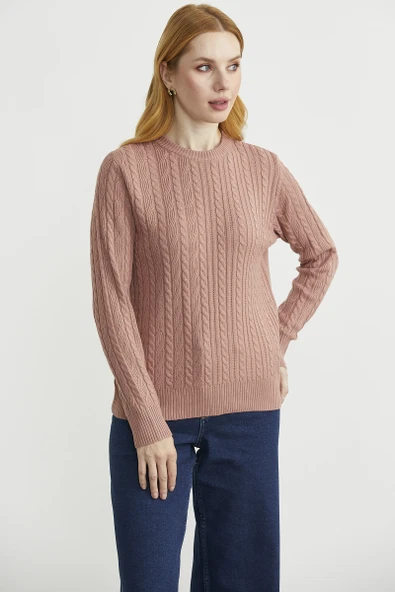 Sıfır Yaka Motif Detaylı Triko Kazak - Gül - Resim 3