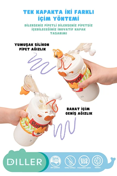 Vagonlife Diller D9239 520ml Çift Kullanım Askılı Pipetli Çelik Matara - Resim 4