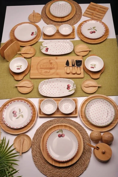 Atbyhome Shine 6 Kişilik 47 Parça Doğal Bambu Porselen Kahvaltı Takımı – Kahvaltı Seti Sunum Seti ürün görseli