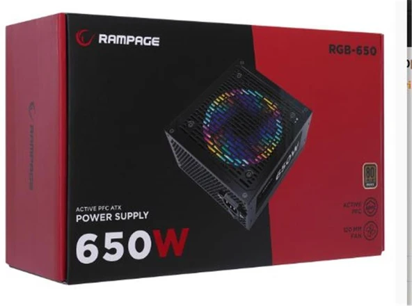 Rampage RGB-650 650W 80 Plus Bronze Aktif PFC 12cm RGB Fanlı Power Supply ürün görseli