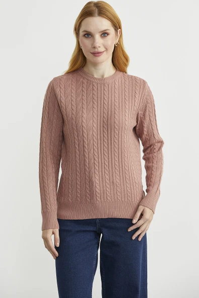 Sıfır Yaka Motif Detaylı Triko Kazak - Gül ürün görseli