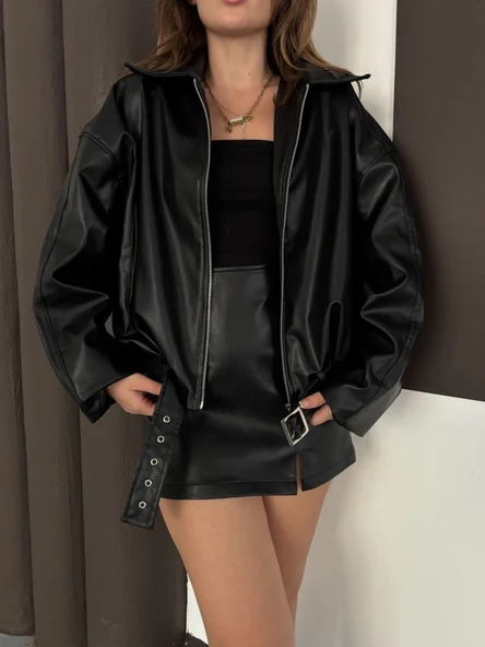 Astarlı kemerli pb deri ceket siyah onst ürün görseli 1