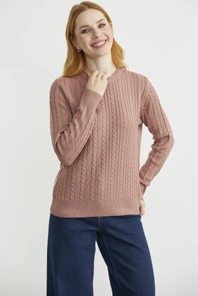 Sıfır Yaka Motif Detaylı Triko Kazak - Gül - Resim 5