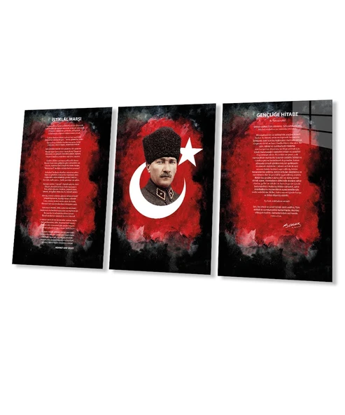 Atatürk - Istiklal Marşı - Gençliğe Hitabe 3 Lü Set Cam Tablo - Resim 7