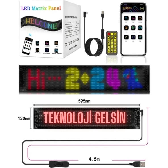 LED Ekran Matrix Panel Cama Yapışan En Büyük Boy 16X96 Telefon App Kontrol Digital Araba Yazısı - Resim 3